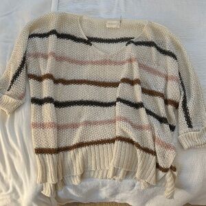 V-Neck Striped Sweater in Cream and Brown